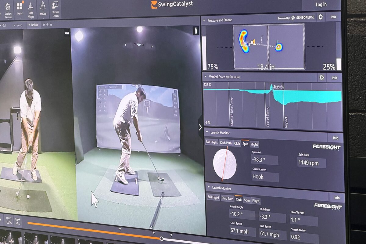 The Swing Catalyst screen: two camera angles of one swing beside a foot pressure map and a vertical force trace running through impact.